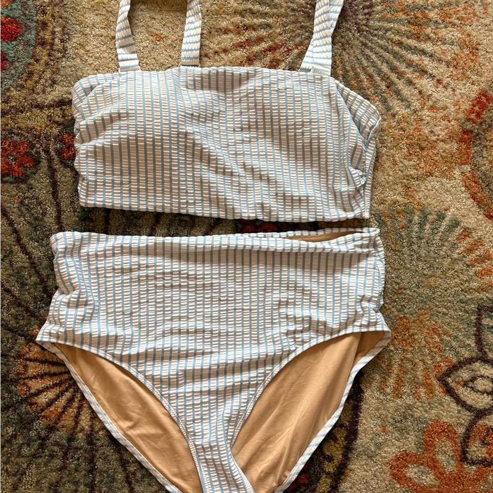 Striped Light Blue & White Two-Piece High-Waist Bikini